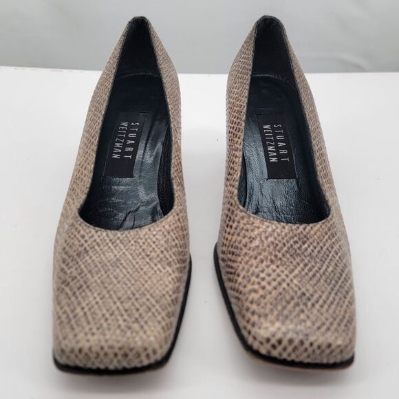 Stuart Weitzman Size 6.5 Snakeskin Heels Leather Slip On Shoes Tan Brown Womens - Picture 3 of 9